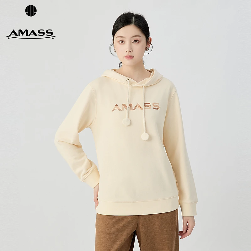 阿玛施AMASS蝴蝶花锁链勾毛裁片绣连帽宽松长袖套头卫衣女530095