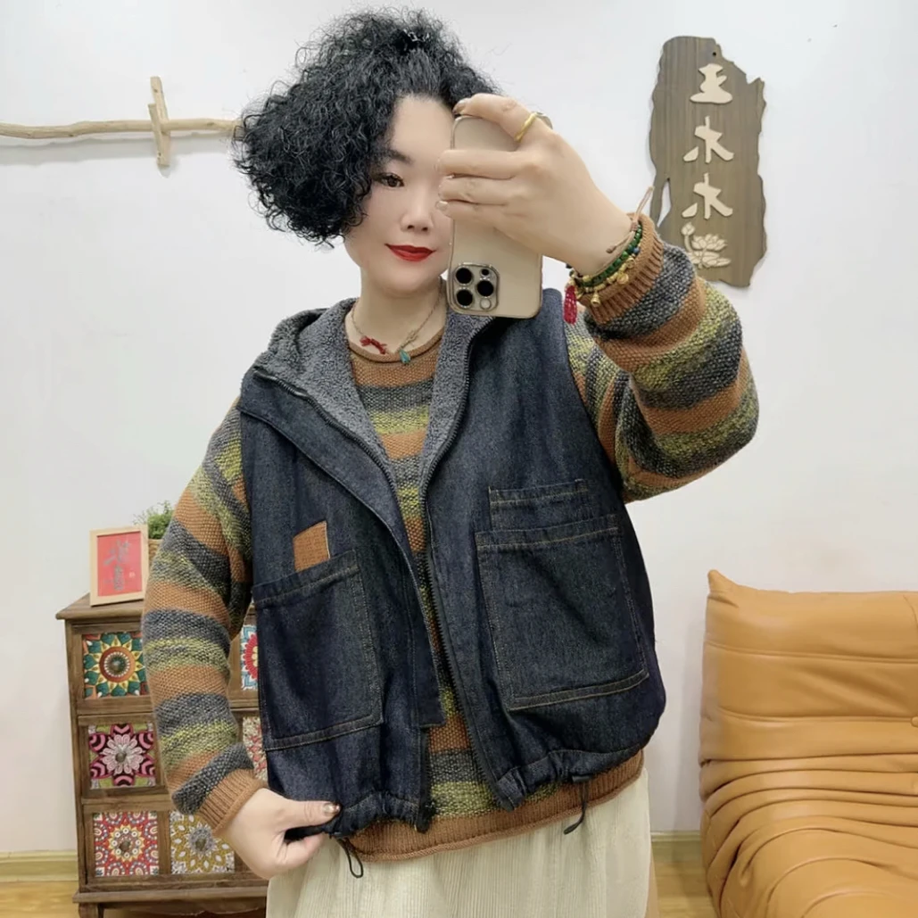 097#甩帽奥绒牛仔马甲「衣长约59cm」