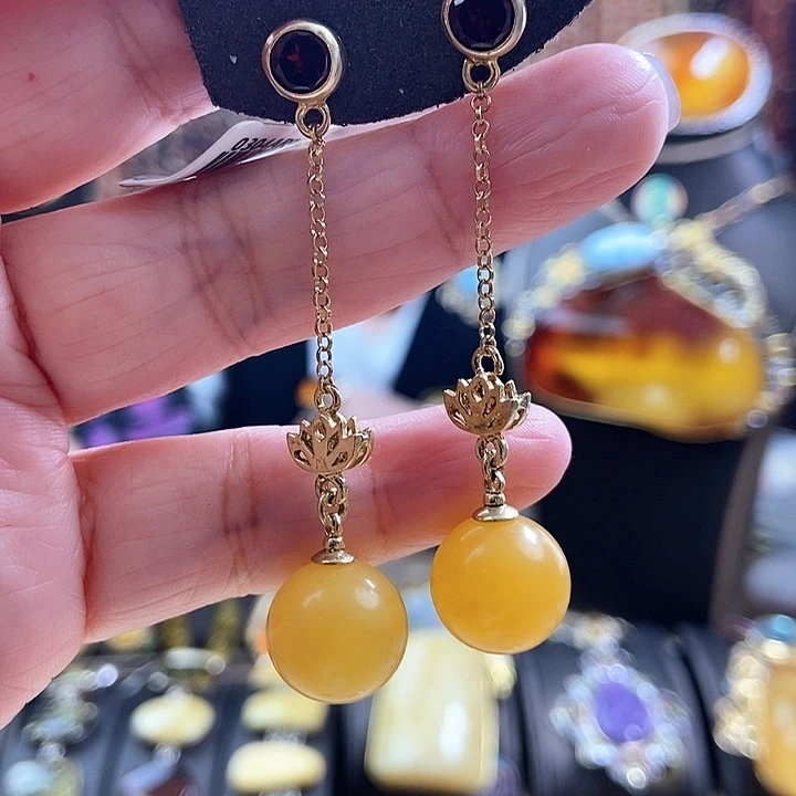 琥珀银S925镶嵌耳饰耳环