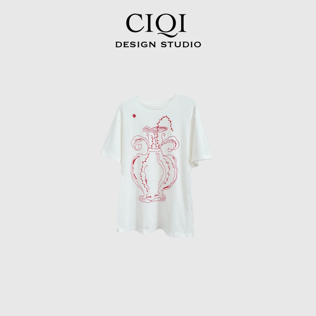CIQI STUDIO【夏日花瓶】夏季棉麻刺绣设计师宽松设计短袖T恤T20095