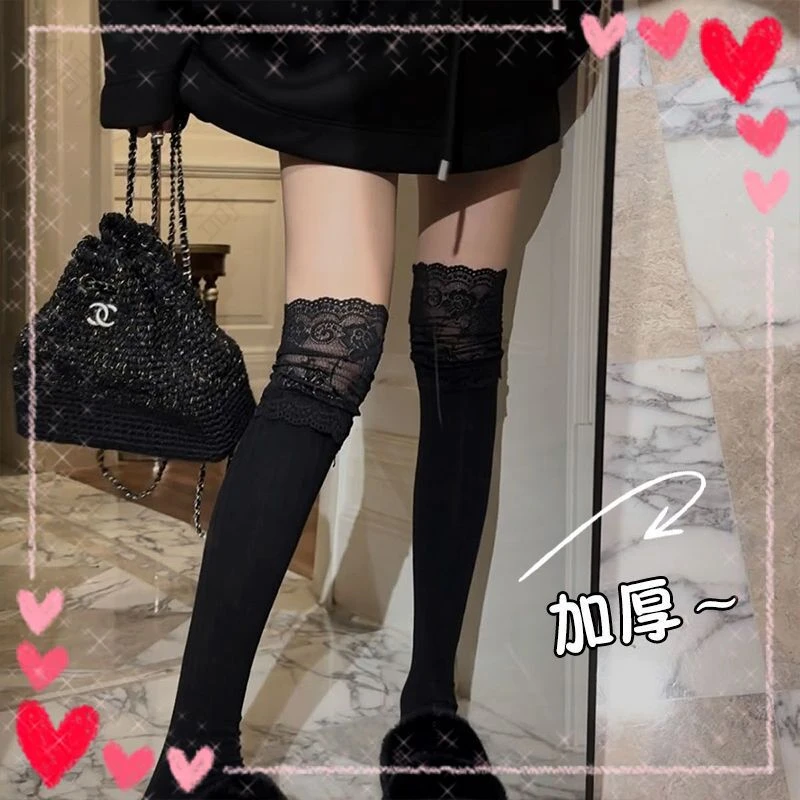 日系潮流蕾丝高颜值花边过膝长筒袜女秋冬新款竖纹显瘦纯欲风jk袜
