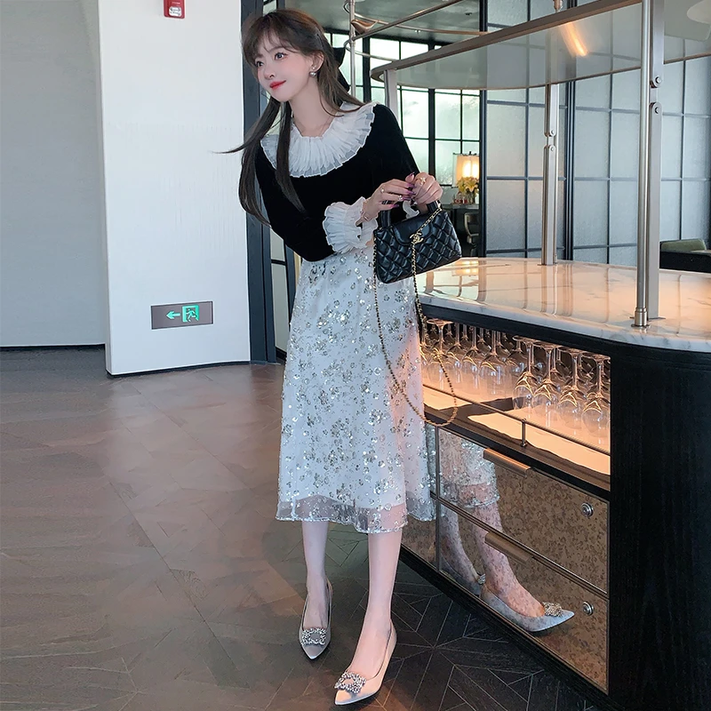 【现货】MIUCO仙女网纱亮片刺绣高腰修身直筒一步半裙