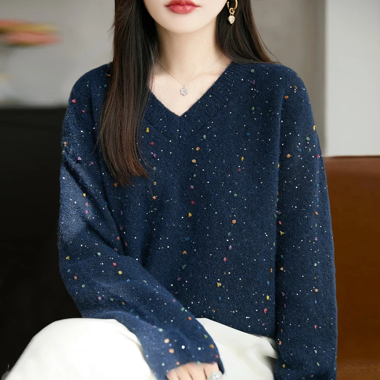 星空彩点V领毛衣女宽松慵懒风 秋冬软糯针织衫外穿羊毛打底衫上衣