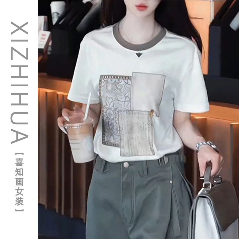 夏季新款洋气衣服女设计感小众印花圆领短袖T恤小衫宽松显瘦上衣