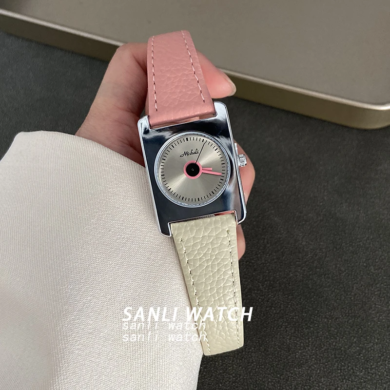 芭乐粉拼色皮带大方表复古气质石英腕表ins风手表女表高级感小众