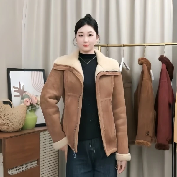 2025新款宽松型女保暖休闲风常规款短外套加厚秋冬棕色翻领