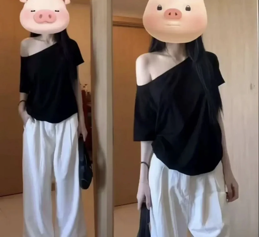 小九九 斜肩短袖2025春夏新款慵懒风设计感上衣9819