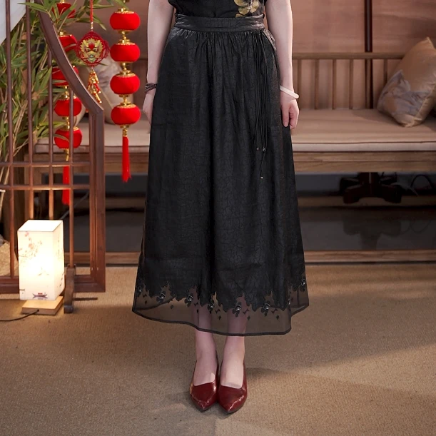 【100%桑蚕丝】高端刺绣龟裂纹香云纱半裙夏季中国风女士短裙288057