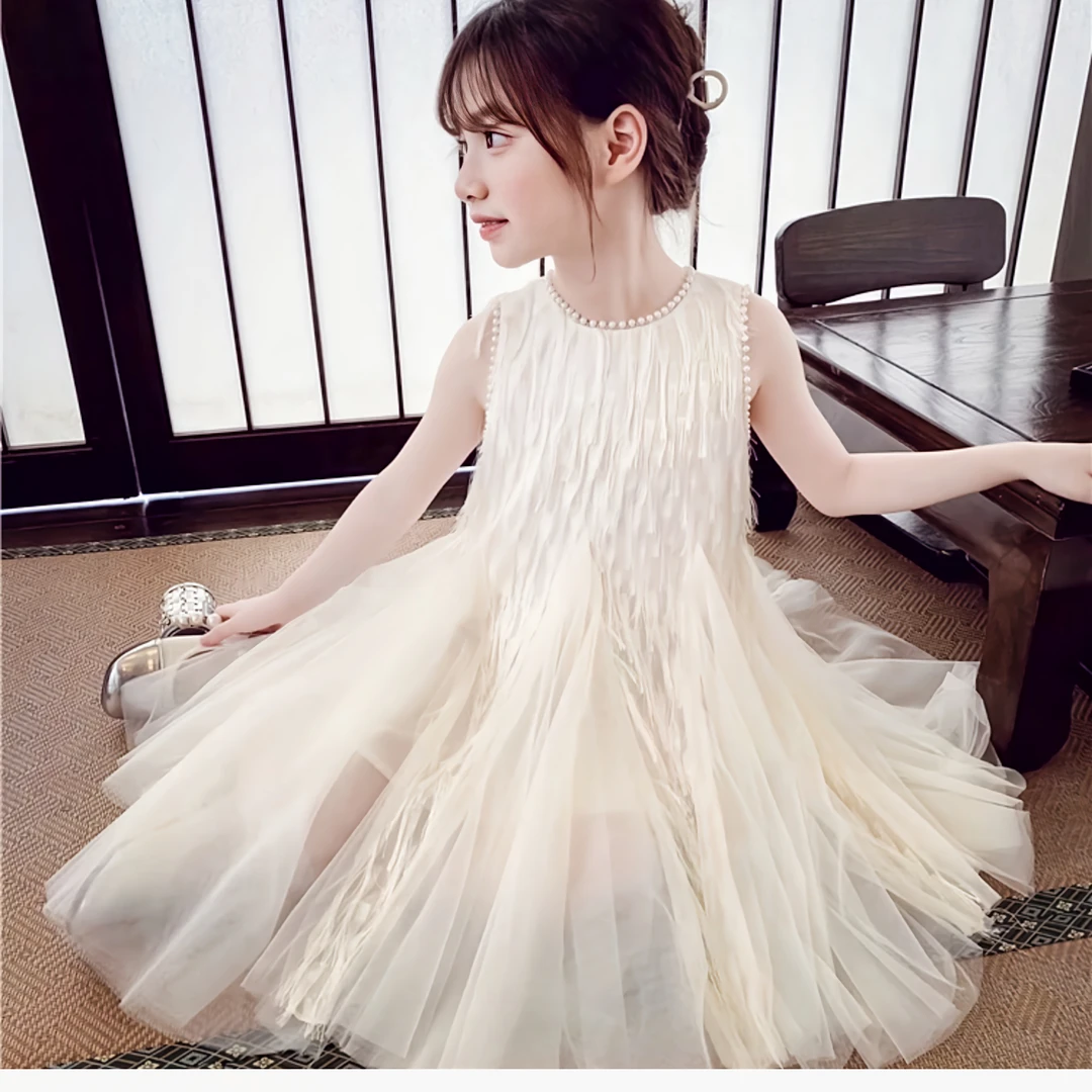 米白女童连衣裙夏季新款流苏裙珍珠裙无袖连衣裙儿童裙子公主裙