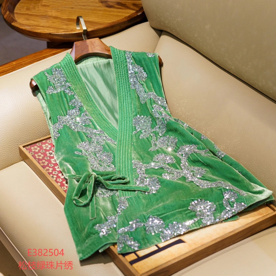 【锦系】真丝丝绒新中式国风桑蚕丝V领斜襟马甲背心E-382504