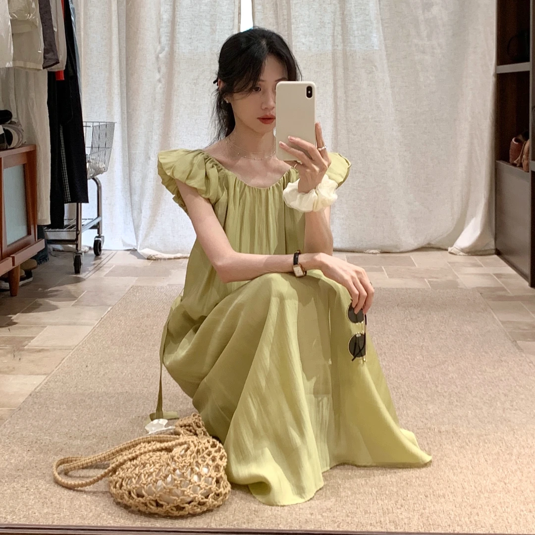 【绿色飞飞袖连衣裙】女2025夏新露背收腰显瘦长裙