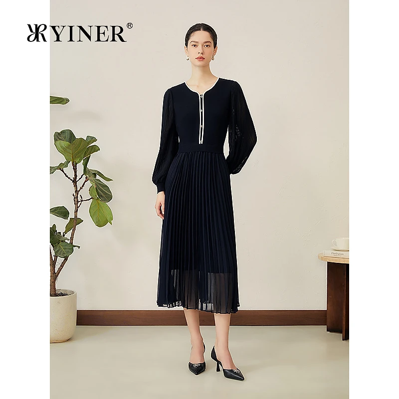 YINER音儿2025秋季新款法式优雅针织拼接雪纺百褶假两件连衣裙