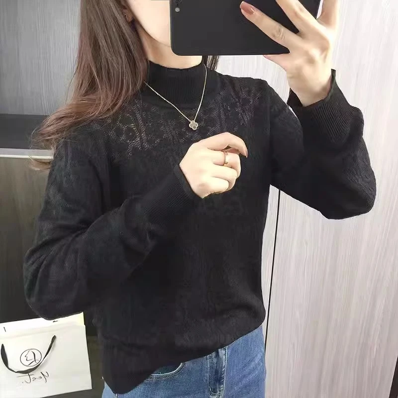【加厚~蕾丝打底黑色】半高领针织打底衫女加厚蕾丝薄款毛衣上衣