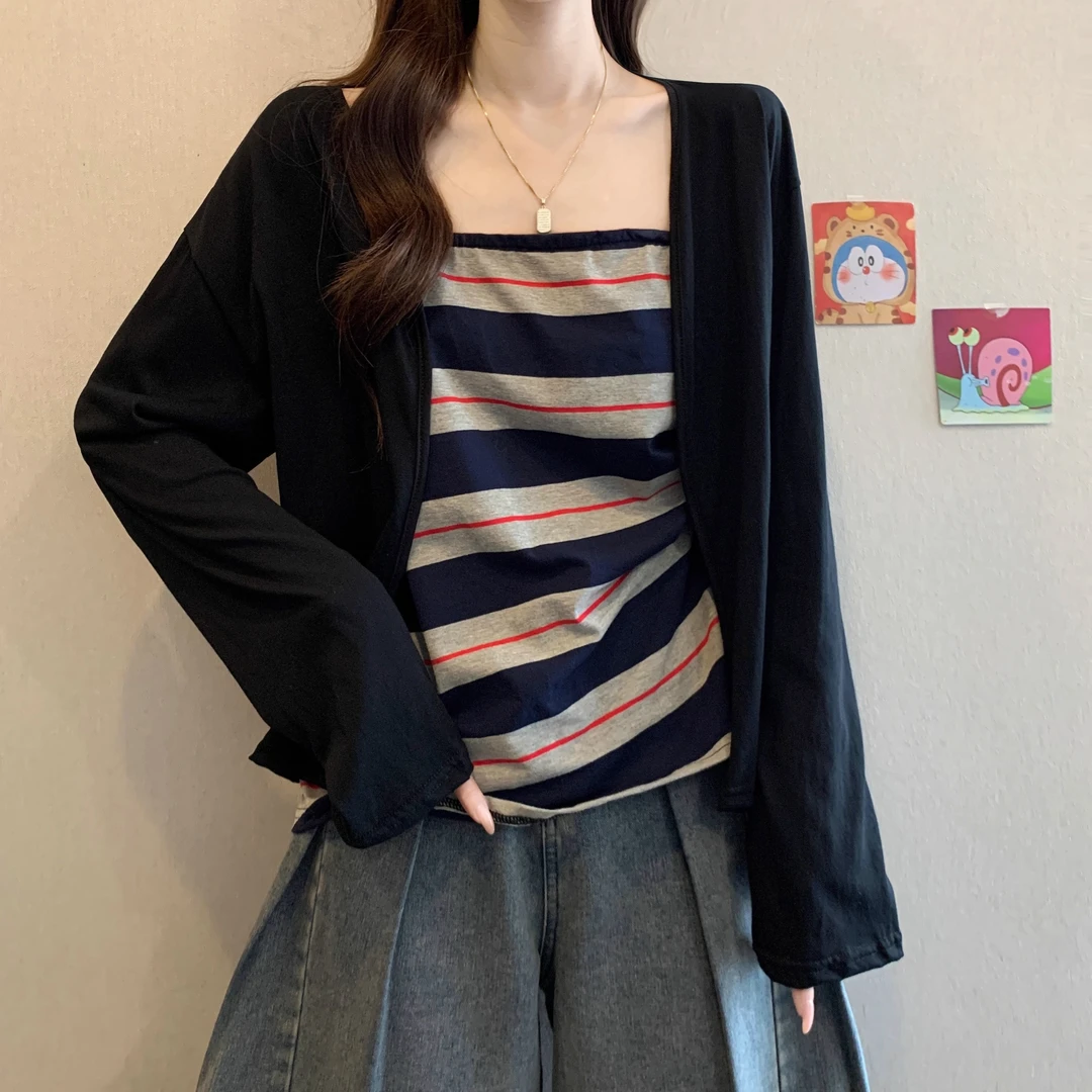 大码韩系撞色条纹吊带背心打底衫女夏季胖妹妹防晒开衫巨显瘦上衣