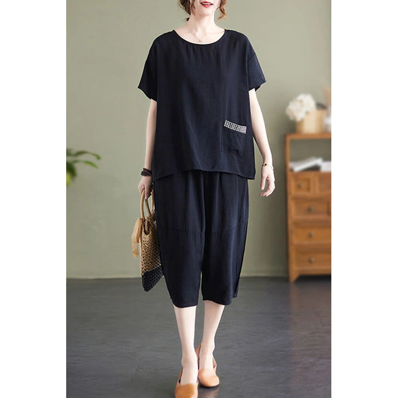 大码女夏装肚子显瘦遮肚套装夏季棉麻遮肉休闲胖mm妈妈洋气两件套