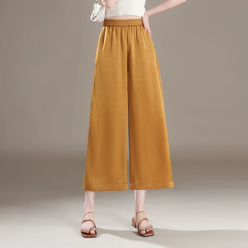 阔腿裤女2025夏季薄款宽松百搭国风桑蚕丝垂感直筒休闲八分凉快裤