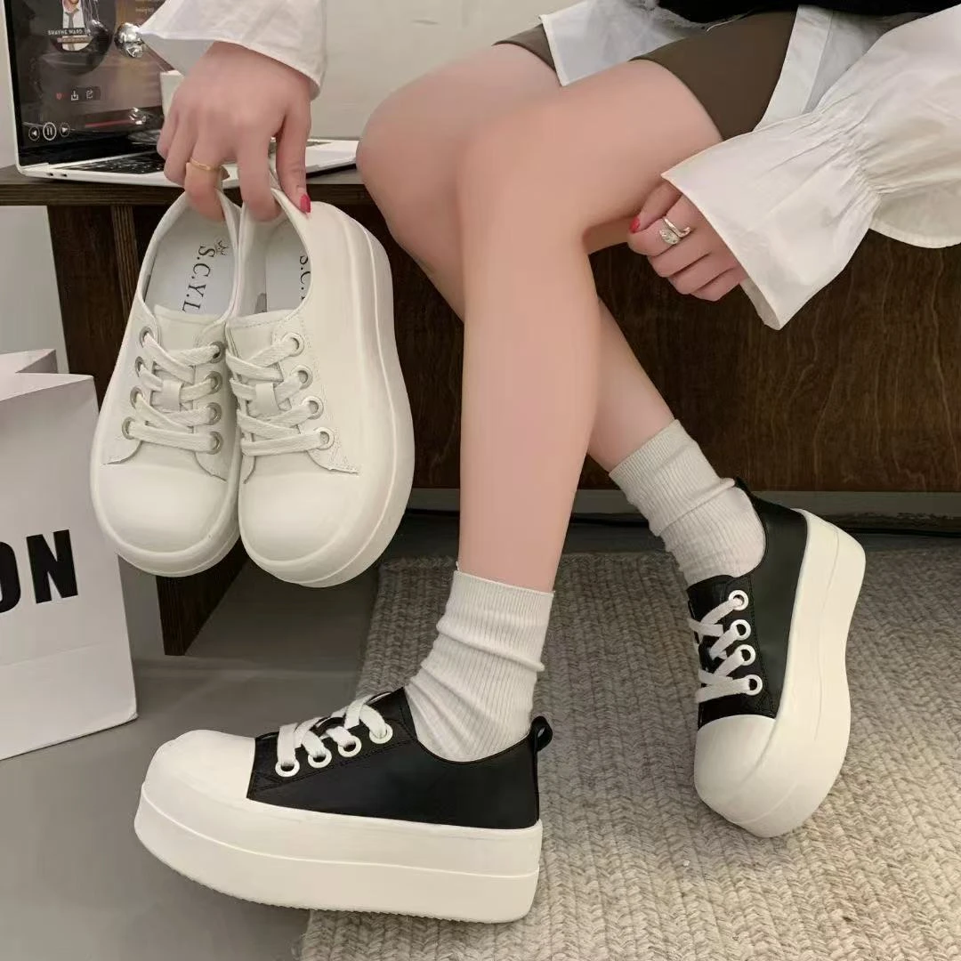 厚底牛皮小白鞋女2025春季新款百搭增高松糕鞋小个子运动休闲板鞋
