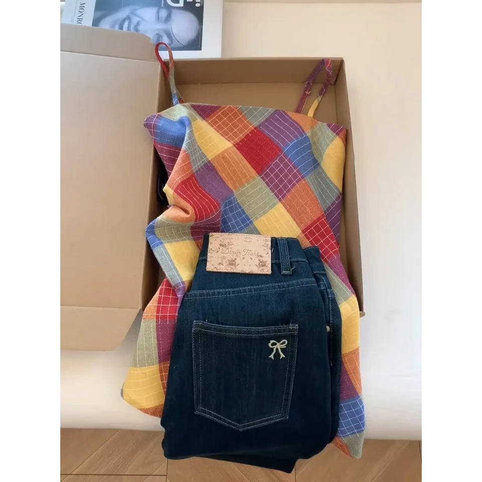 彩色格子一字肩无袖吊带背心女2025夏季新款百搭甜美减龄休闲上衣