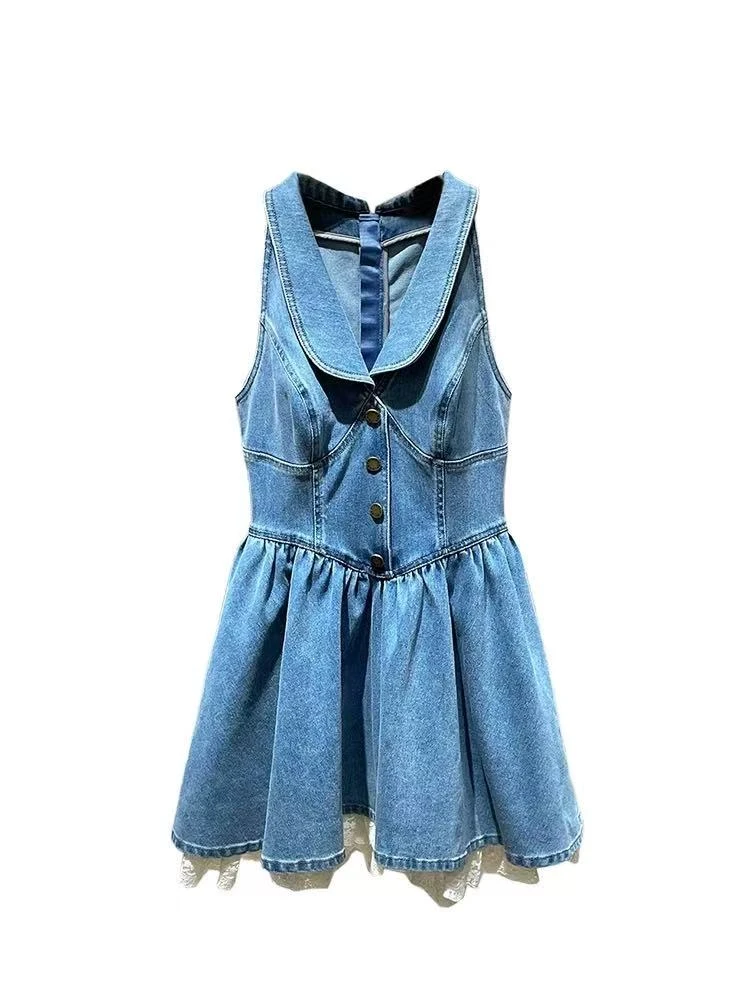 【蕾丝牛仔】气质甜辣无袖背心蕾丝花边拼接收腰牛仔连衣裙LA11562