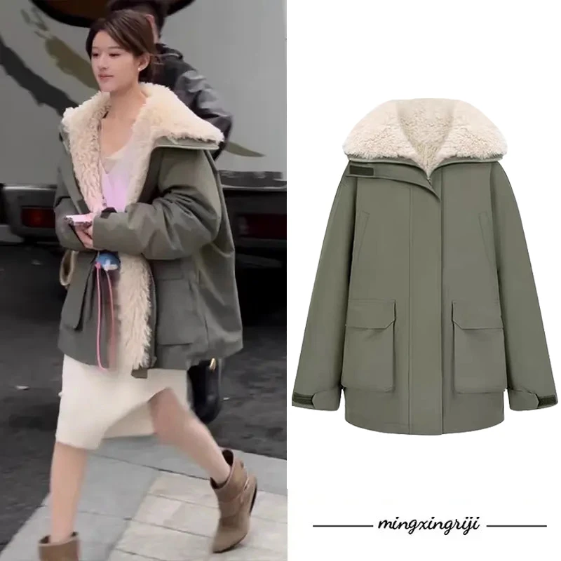 MXRJ现货露思同款羊羔毛恋人灰草绿色冲锋衣外套女派克服棉服冬季