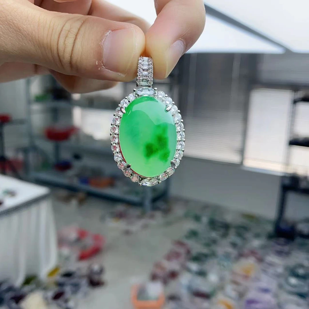 [聚小石]A1395冰绿花椭圆吊坠