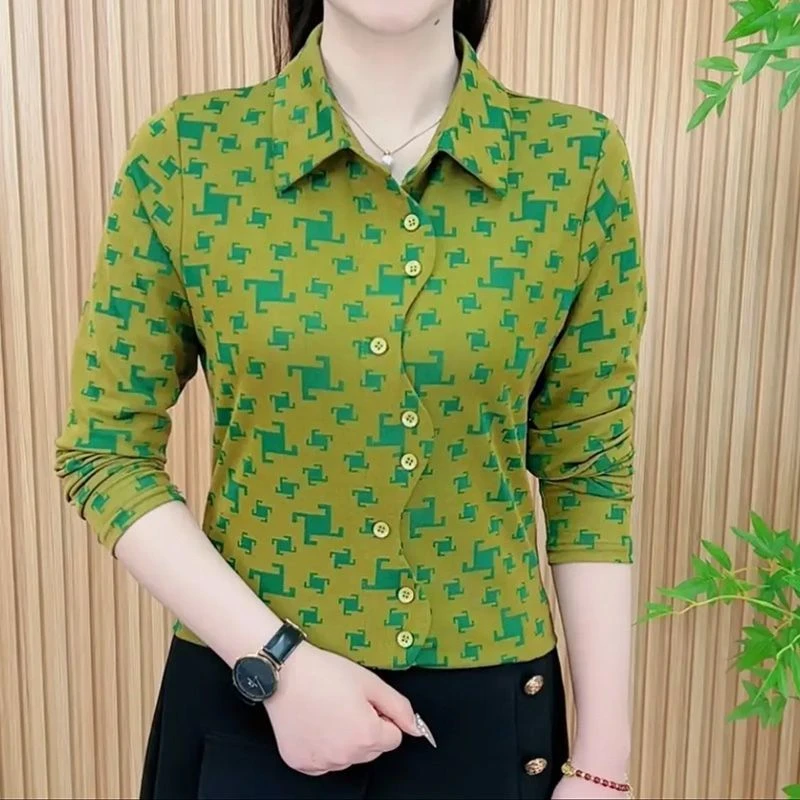 2025新款春夏长袖polo衫印花妈妈遮肉外穿小衫女士衬衫套头上衣
