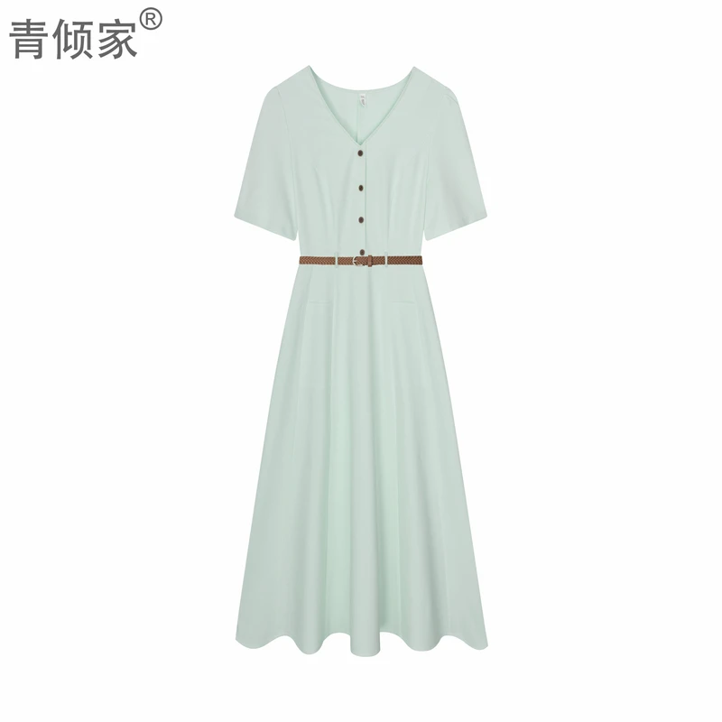 【海盐微夏】夏季胖mm显瘦V领大码气质收腰v领连衣裙长裙高级感女装