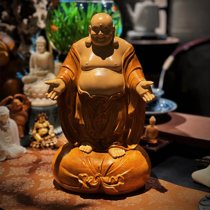 欢喜弥勒佛摆件佛像大肚笑佛仿木雕像工艺品客厅茶室装饰开业送礼