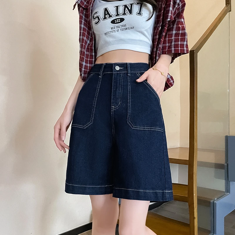 深蓝色直筒五分牛仔短裤女夏季薄款2025新款高腰显瘦宽松大码中裤