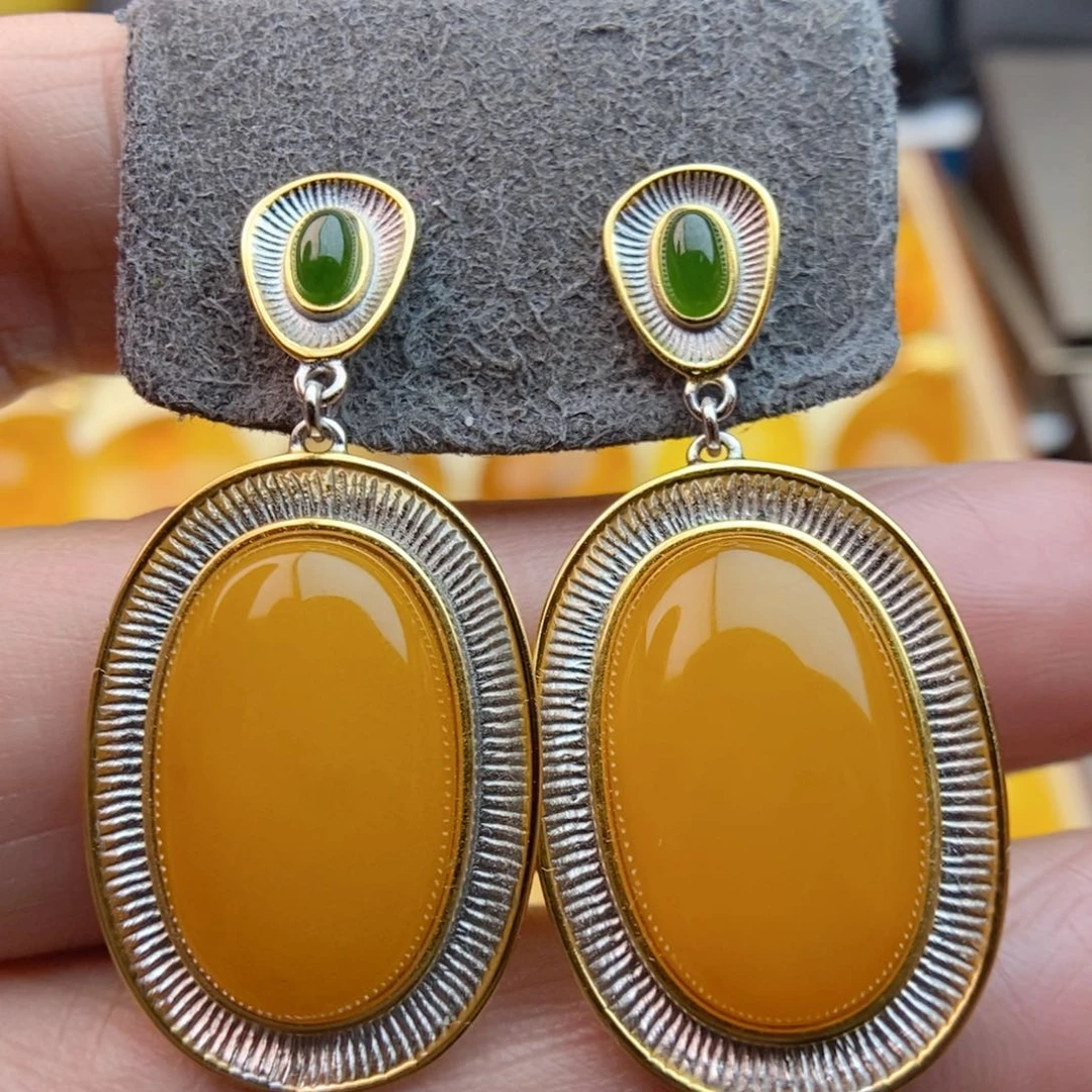 琥珀耳饰银S925镀金镶嵌