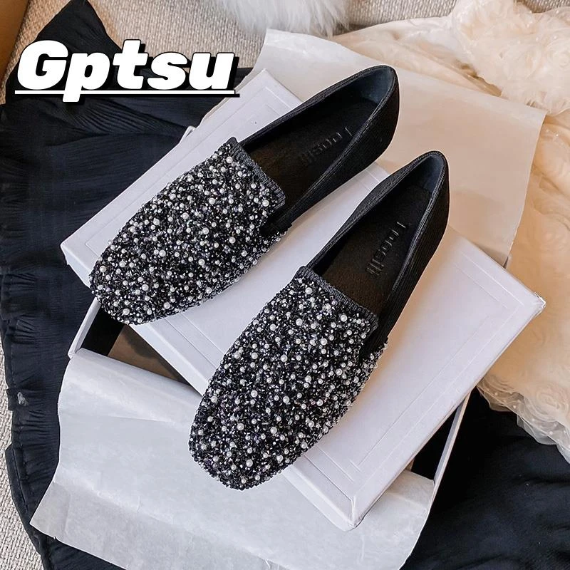 GPTSu小香风单鞋夏季时尚百搭渔夫鞋水钻平底瓢鞋豆豆鞋大码女鞋