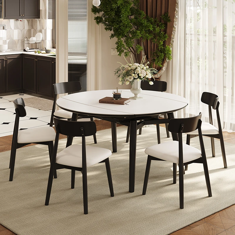 实木伸缩岩板餐桌家用奶油风可折叠饭桌子家用方圆两用可变圆餐桌