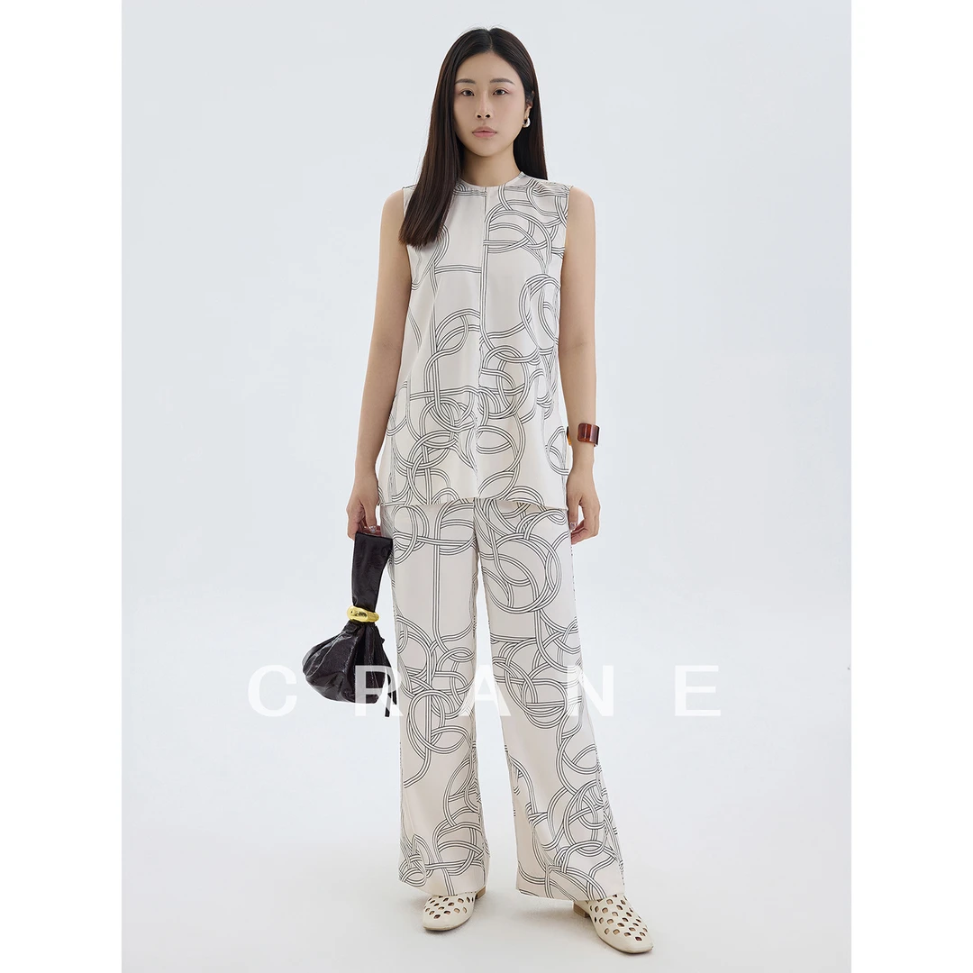 【CRANE】时尚套装女25夏款韩版几何印花无袖背心宽松休闲阔腿裤