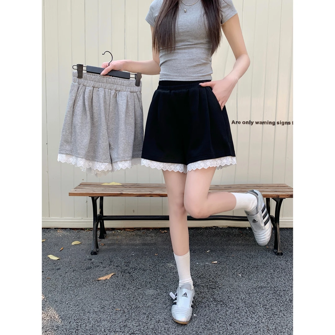 夏季韩系ins个性时尚蕾丝边松紧高腰宽松系带休闲阔腿短裤女5410#