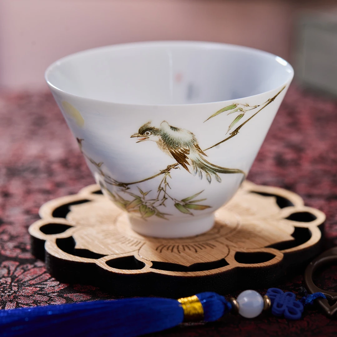 熊友根窑薄胎粉彩三秋杯清心主人杯斗笠杯精工手绘纯手工创意精致