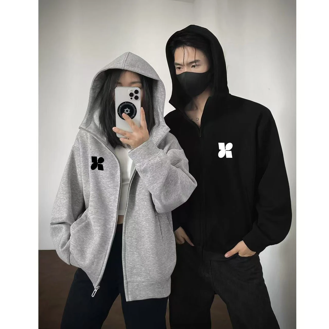美式简约图标印花高领开衫连帽卫衣男女秋冬季宽松拉链情侣款外套