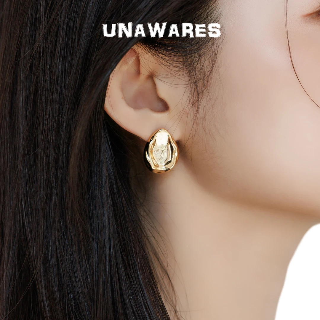 合金耳饰 UNAWARES高级感时髦金属不规则水滴耳钉耳环女欧美