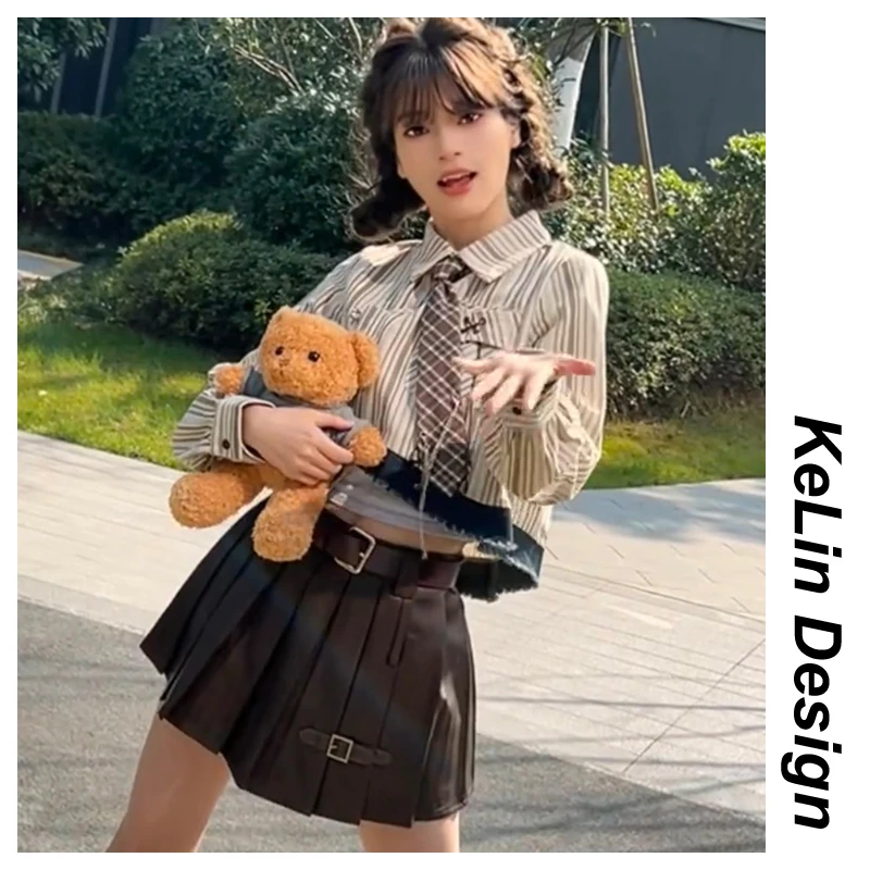棕色半身短裙子女2025秋冬新款设计感休闲高腰百搭A字百褶皮裙