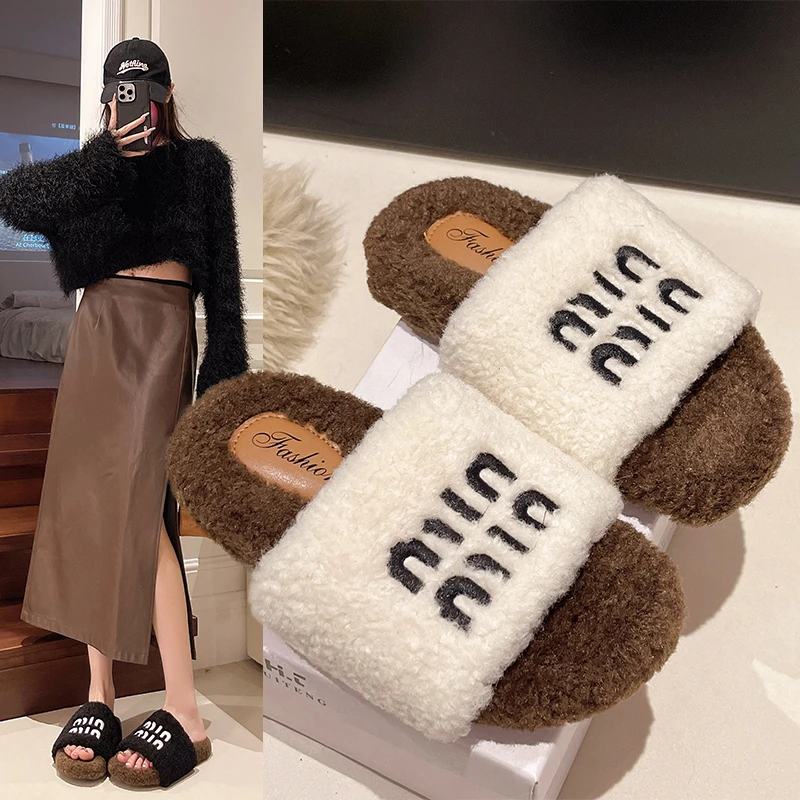 毛毛拖鞋女款2025新款秋冬季外穿韩版毛茸茸棉拖鞋平底加绒保暖款