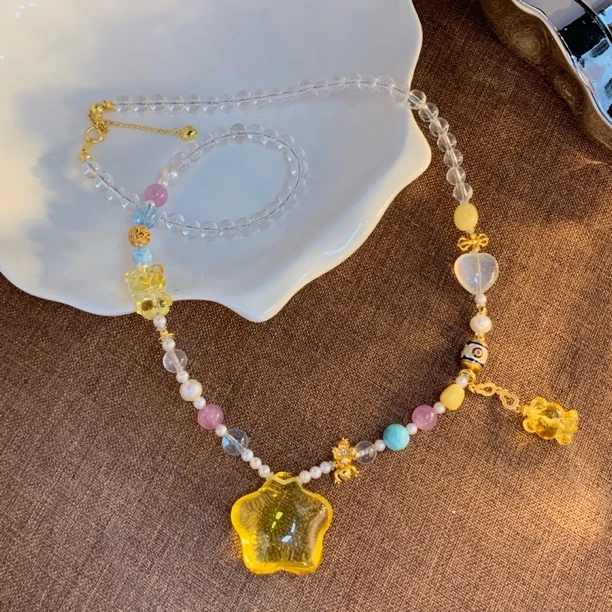 天然白水晶琥珀蜜蜡星星项链 （多样性发其一） D035