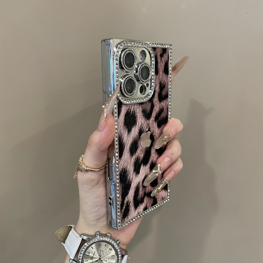 高级感轻奢电镀镶钻豹纹适用iPhone16手机壳15pm护镜14pro防摔13