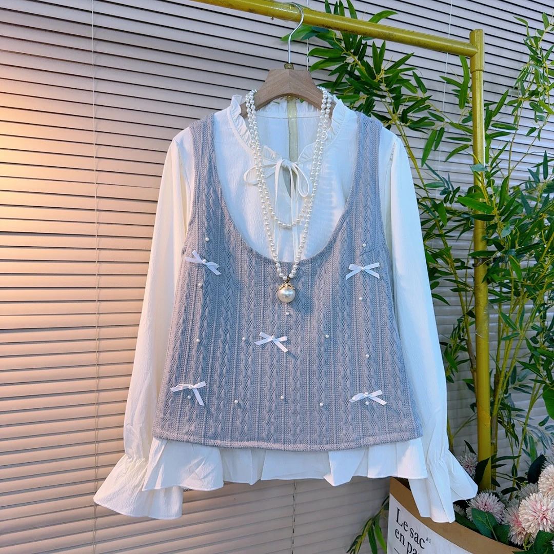 2199胖mm欧货甜美减龄设计感立体蝴蝶结坎袖马甲木耳花边衫两件套