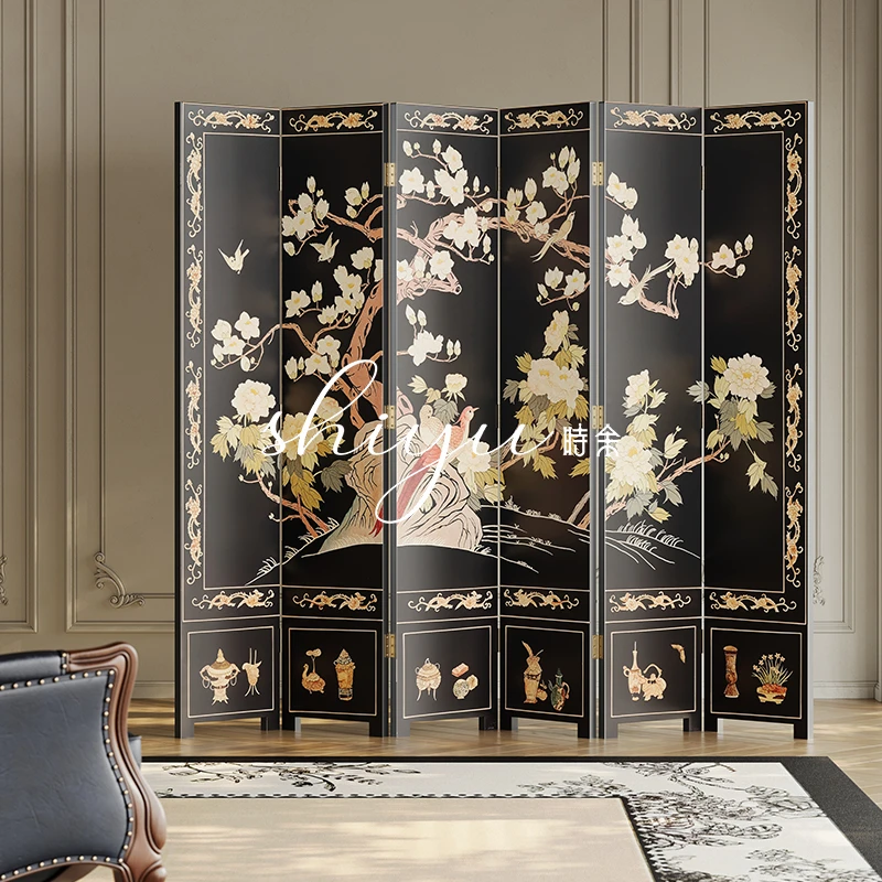 时余斯图尔实木纯手工彩绘屏风复古客厅法式中国风花鸟实木玄关墙