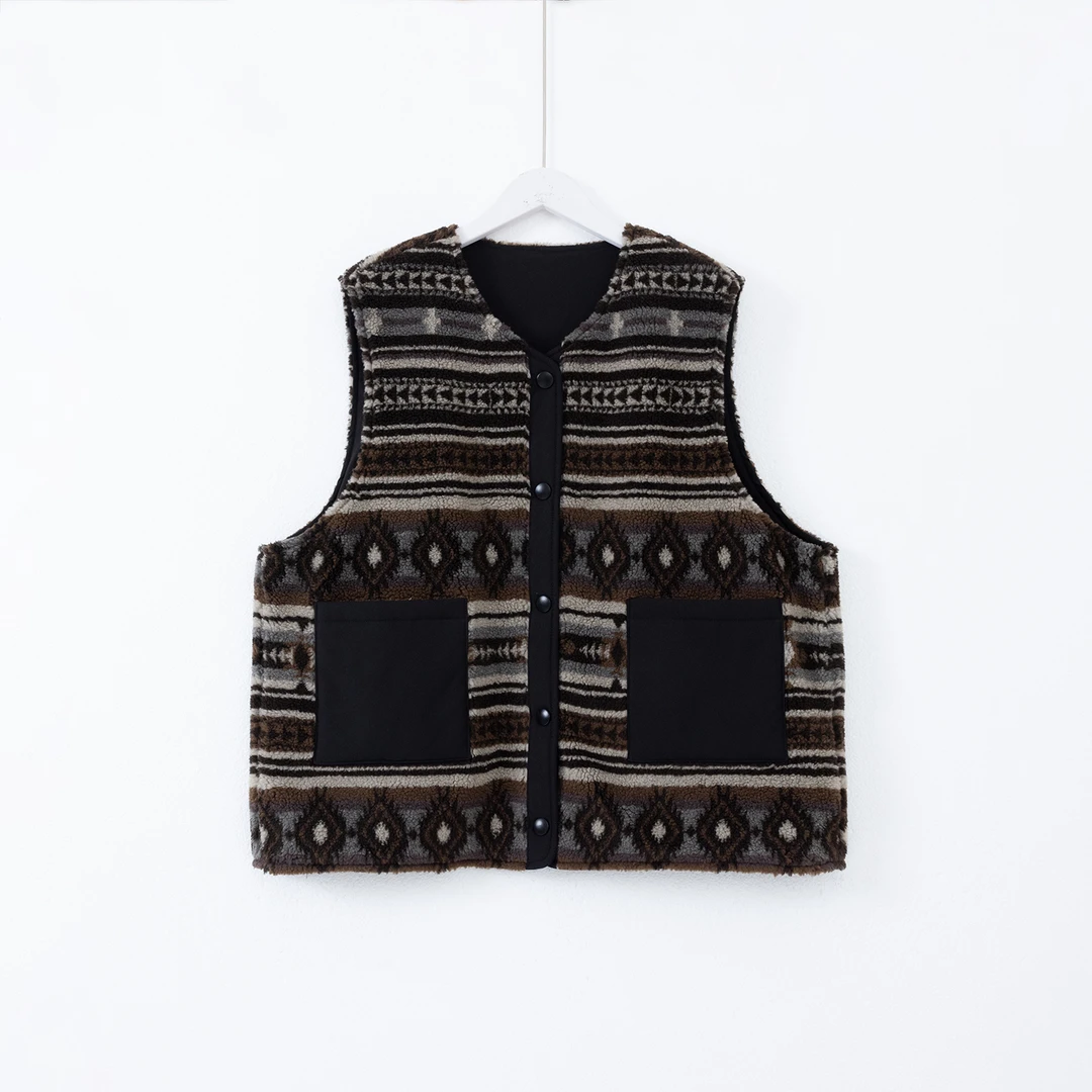 几里与麻 复古条纹菱格羊羔毛马甲 衣长62胸围117 2091343