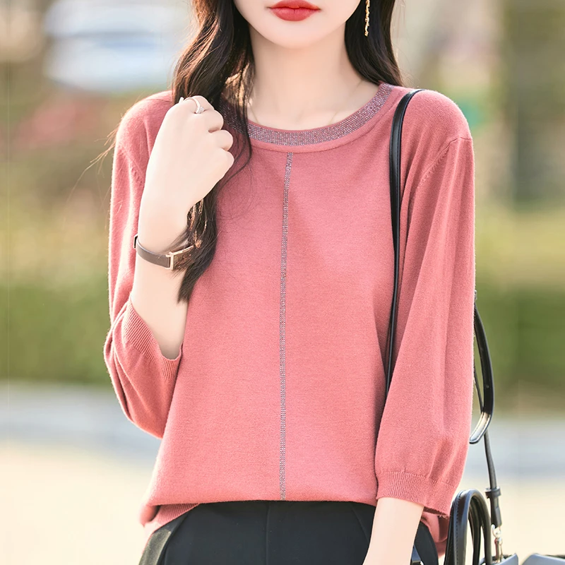 七分袖上衣女春装大码烫钻针织衫宽松显瘦内搭洋气薄款春秋打底衫