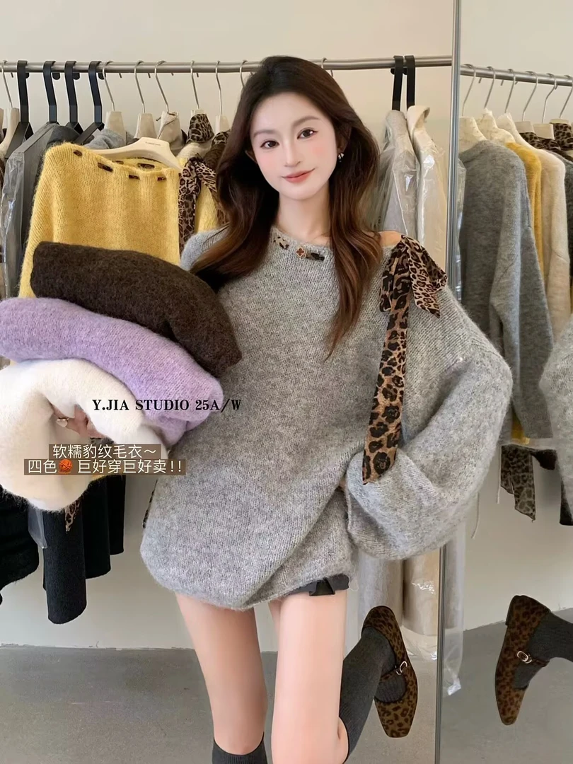 设计感豹纹拼接飘带套头毛衣女秋冬季软糯斜领毛针织衫宽松上衣