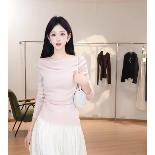 【AEL原创】长袖极简风毛针织衫不规则露肩时尚显瘦夏季短款春季