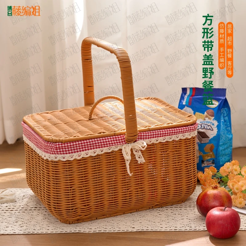 博白藤编姐B610W带盖手提篮新品野餐旅游居家收纳篮40*30*22/40cm