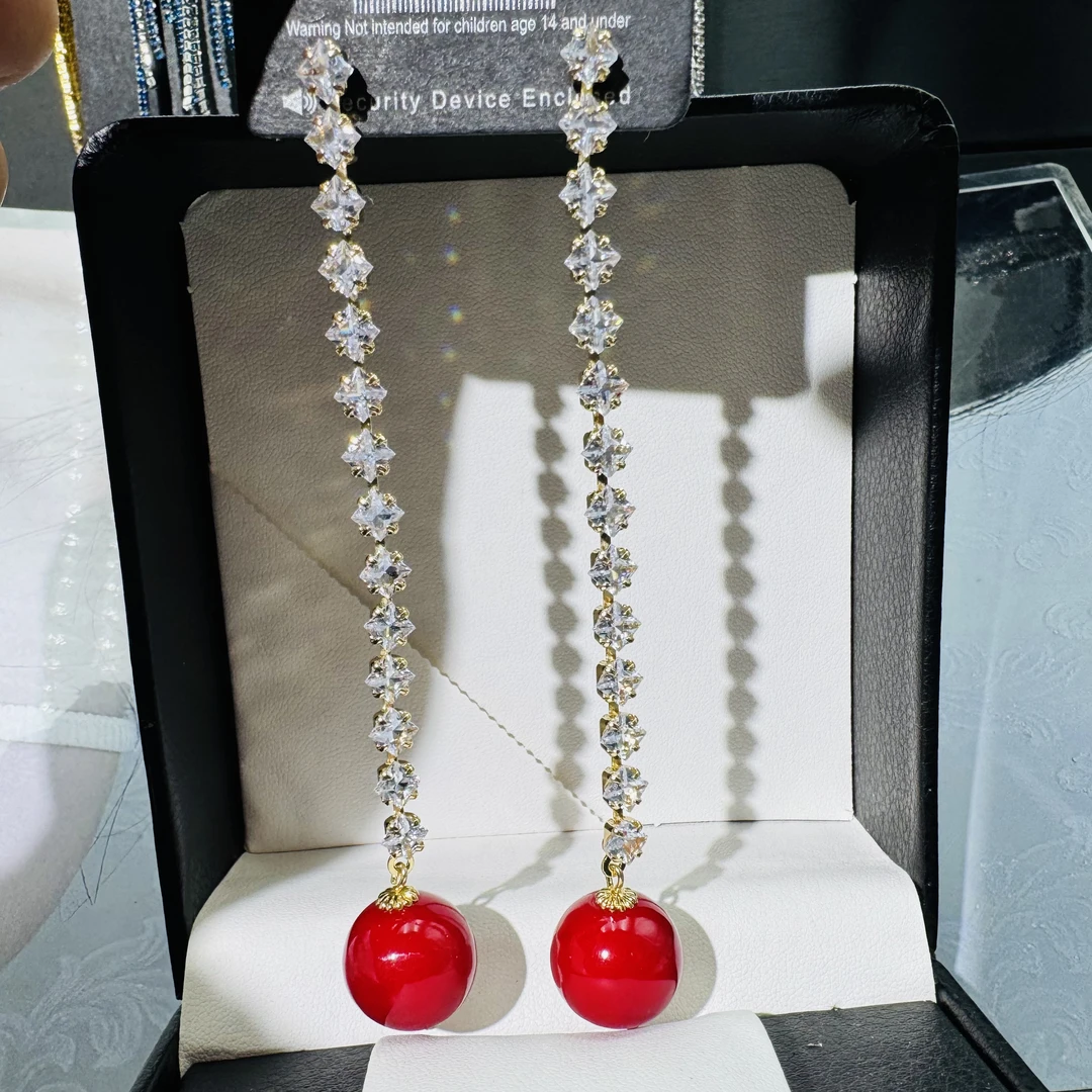 铜合金合成锆石耳饰 小众设计超闪珠珠长款流苏耳环气质百搭耳坠