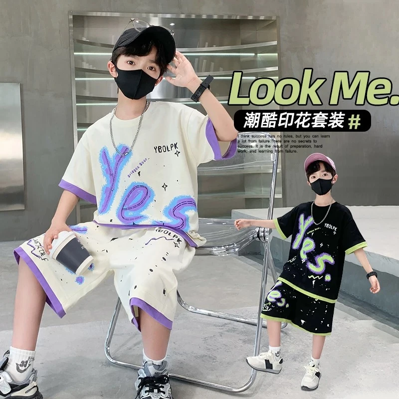 薄款夏季休闲男男童短袖套装童装男孩炸街儿童套装男童夏季印花